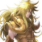  1boy aries_shion armor blonde_hair golden_armor hikimayu male portrait saint_seiya shining_armor simple_background smile vulpese white_background yellow_eyes 