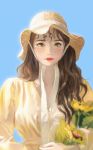 1girl absurdres brown_hair flower green_eyes hat highres holding holding_flower looking_at_viewer original portrait realistic shinyoung_kim solo sun_hat sunflower symbol_commentary 