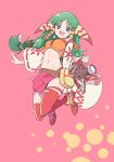  1girl blue_eyes breasts feena_(grandia) grandia grandia_i green_eyes green_hair hair_ornament hair_tubes jewelry long_hair looking_at_viewer low-tied_long_hair midriff navel necklace ninagawa_yaeko open_mouth skirt smile solo thigh-highs wide_sleeves 