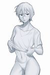  1girl blush breasts collarbone commentary english_commentary han_soo-min_(hanny) hanny_(uirusu_chan) looking_at_viewer monochrome navel no_pants nose_blush original panties shirt short_hair sketch small_breasts solo standing sweatdrop t-shirt toned underwear undressing 