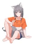  1girl absurdres animal_ears barefoot cat_ears cat_tail feet grey_eyes grey_hair hair_ears highres looking_at_viewer medium_hair mikisai original shirt shorts soles solo tail toes white_background 
