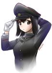  1girl adjusting_headwear akitsu_maru_(kantai_collection) black_eyes black_hair black_headwear black_jacket ebifly gloves hands_up hat jacket kantai_collection long_sleeves looking_at_viewer medium_hair military_hat pale_skin parted_lips peaked_cap simple_background solo twitter_username upper_body white_background white_gloves 