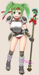  1girl :d armor belt black_gloves boots breasts buruma dated ebifly fang fingerless_gloves full_body gloves green_eyes green_hair grey_background headband holding holding_staff knee_boots large_breasts leaning_forward looking_at_viewer metal_boots open_mouth pointy_ears raichi_(sennen_sensou_aigis) red_buruma sennen_sensou_aigis shirt shoulder_armor signature smile solo spaulders staff twintails white_shirt 