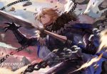  1boy armor blonde_hair blue_eyes broken broken_chain cape chain copyright_name dimitri_alexandre_blaiddyd eyepatch fire_emblem fire_emblem:_three_houses fur_trim gloves holding holding_spear holding_weapon long_sleeves peach_luo polearm short_hair simple_background solo spear weapon 