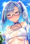  1girl arm_strap asymmetrical_bangs bangs bare_shoulders bikini black-framed_eyewear blue_hair blue_nails blue_sky breasts brynhildr_(swimsuit_berserker)_(fate) closed_mouth collarbone day eyebrows_visible_through_hair fate/grand_order fate_(series) flying_sweatdrops glasses hand_on_own_chest large_breasts long_hair looking_away looking_to_the_side nail_polish neck_garter outdoors see-through semi-rimless_eyewear shikitani_asuka sky solo speech_bubble swimsuit translation_request twitter_username under-rim_eyewear under_boob upper_body violet_eyes white_bikini 