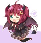  1girl ;d ahoge black_capelet black_dress black_legwear black_ribbon blush brown_wings capelet chibi commentary_request crescent crescent_hair_ornament demon_girl demon_horns demon_tail demon_wings dress fang frilled_capelet frilled_dress frills full_body green_eyes hair_ornament hand_up heart horns kamakani_(kanikama8192) long_hair long_sleeves looking_at_viewer neck_ribbon nijisanji one_eye_closed open_mouth purple_background red_footwear redhead ribbon shoes sleeves_past_wrists smile solo spoken_heart tail thigh-highs two-tone_background two_side_up very_long_hair white_background wings yuzuki_roa 