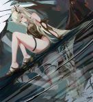  1girl absurdres arknights ass bare_shoulders black_swimsuit breasts cloak detached_sleeves hair_between_eyes hair_ornament highres horns large_breasts long_hair looking_at_viewer omone_hokoma_agm pointy_ears ponytail red_eyes red_nails reflection reflective_water sandals shining_(arknights) signature silver_hair sitting skindentation smile solo swimsuit thigh_strap thighs toenail_polish very_long_hair 