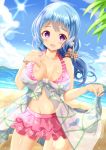  1girl :d bang_dream! bangs bare_shoulders beach bikini blue_hair blue_sky blush breasts clouds collarbone commentary_request day eyebrows_visible_through_hair floral_print frilled_bikini frills hair_ornament hand_up highres horizon large_breasts long_hair looking_at_viewer matsubara_kanon navel ocean open_mouth outdoors pink_bikini print_bikini sand seashell_bracelet sky smile solo standing sun swimsuit violet_eyes water zenon_(for_achieve) 