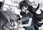  1girl alex_ahad annoyed apron black_hair borrowed_character coffee commission english_commentary horns looking_at_viewer monochrome open_mouth original pouring solo 