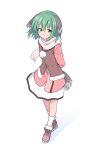  1girl animal_ears arms_behind_back bangs brown_vest closed_mouth dog_ears dog_tail eyebrows_visible_through_hair full_body fur_trim green_eyes green_hair highres jacket kasodani_kyouko kazawa_(tonzura-d) looking_at_viewer pink_jacket pom_pom_(clothes) scarf short_hair simple_background skirt smile solo standing tail touhou vest white_background white_legwear white_scarf white_skirt winter_clothes 