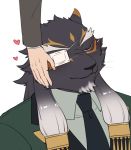  1boy 1other alternate_costume animal_ears asutarou facial_hair formal furry green_eyes jaguar_boy jaguar_ears male_focus master_4_(tokyo_houkago_summoners) necktie petting short_hair solo_focus tezcatlipoca_(tokyo_houkago_summoners) thick_eyebrows tokyo_houkago_summoners upper_body 