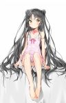  1girl absurdres bangs bare_arms bare_legs bare_shoulders barefoot black_hair blush brown_eyes closed_mouth commentary_request double_bun eyebrows_visible_through_hair facial_mark fate/grand_order fate_(series) forehead_mark full_body highres long_hair looking_at_viewer one-piece_swimsuit parted_bangs pink_swimsuit sesshouin_kiara sesshouin_kiara_(swimsuit_mooncancer)_(fate) silver_(chenwen) sitting solo swimsuit very_long_hair white_background white_swimsuit 