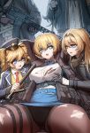  5girls an-94_(girls_frontline) ar-15 arms_behind_head assault_rifle bangs belt black_bra black_gloves black_jacket black_legwear black_panties blonde_hair blue_belt blue_eyes blue_jacket blue_neckwear blue_skirt bound bound_wrists bra bra_peek breast_envy breasts character_request cheogtanbyeong collared_shirt commentary cowboy_shot eyebrows_visible_through_hair fur-trimmed_jacket fur_trim girls_frontline gloves gun hair_between_eyes hair_ornament hair_ribbon hat highres holding holding_gun holding_weapon jacket large_breasts long_hair long_sleeves looking_at_another magazine_(weapon) military military_uniform mole mole_under_eye multiple_girls neck_ribbon necktie open_clothes open_jacket open_mouth panties panties_under_pantyhose pantyhose police_hat red_neckwear ribbon rifle shirt shirt_tucked_in short_hair sidelocks simple_background sitting skirt snap-fit_buckle snowflake_hair_ornament st_ar-15_(girls_frontline) standing super_shorty_(girls_frontline) sweater textless thigh_pouch torn_clothes torn_legwear torn_shirt torn_skirt two_side_up ump45_(girls_frontline) underwear uniform upper_teeth very_long_hair vsk-94_(girls_frontline) weapon white_shirt yellow_sweater 