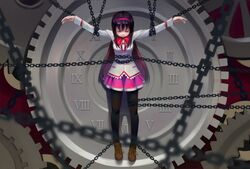  1girl akemi_homura black_hair brs_(zjm_zym) chain hair_ribbon hairband long_hair mahou_shoujo_madoka_magica mitakihara_school_uniform pantyhose ribbon school_uniform solo spoilers 