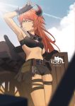  1girl ;&lt; alternate_hairstyle arknights arm_up armpits bandeau bangs black_gloves black_shorts blue_sky clouds commentary_request cowboy_shot croissant_(arknights) day fingerless_gloves gloves goggles goggles_around_neck highres horns iz\ long_hair midriff navel one_eye_closed orange_hair short_shorts shorts sky solo standing stomach thigh_strap thighs yellow_eyes 