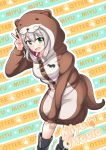  1girl boots character_name english_text eyebrows_visible_through_hair green_eyes green_hair highres long_sleeves looking_at_viewer miyu_ottavia multicolored_hair nijisanji nijisanji_id nugi_(armenci) onesie otter_costume redhead short_hair solo streaked_hair v zipper_footwear 