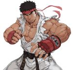  1boy abs bara black_hair brown_hair chest dougi facial_hair fingerless_gloves gloves hadouken headband male_focus muscle nt_(gun-ash) pectorals ryuu_(street_fighter) short_hair shouryuuken solo street_fighter street_fighter_ii_(series) tatsumaki_senpuukyaku uppercut 