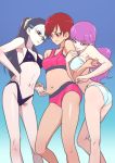  3girls arm_hug armpits ass belly_grab bikini black_bikini black_eyes black_hair blue_bikini breasts character_request flab glasses gradient gradient_background highleg highleg_bikini large_breasts long_hair multiple_girls muramura_hito navel pink_bikini ponytail precure purple_hair red_eyes redhead scrunchie short_hair small_breasts sweatdrop swimsuit violet_eyes 