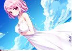  1girl absurdres alternate_costume beach blush breast_hold breasts clouds day dress dutch_angle frills highres ke-ta large_breasts looking_at_viewer non-web_source ocean outdoors photoshop_(medium) pink_eyes pink_hair saigyouji_yuyuko short_hair sky smile solo strap_gap sundress touhou translation_request twisted_torso 