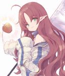  1girl :3 absurdres ahoge apple arknights bangs blush brown_hair buran_(kure) closed_mouth commentary_request ear_piercing eyebrows_visible_through_hair food fruit golden_apple hair_between_eyes highres jacket long_hair long_sleeves looking_at_viewer looking_to_the_side myrtle_(arknights) off_shoulder parted_bangs piercing pointy_ears sleeves_past_fingers sleeves_past_wrists solo upper_body very_long_hair white_jacket 