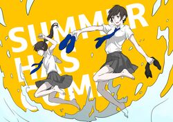  2girls barefoot blue_neckwear brown_hair commentary_request dress_shirt english_text grey_eyes grey_skirt highres holding holding_shoes hosaka_kinami jumping long_hair multiple_girls necktie original pleated_skirt ponytail school_uniform shirt shoes shoes_removed short_hair skirt uniform water white_shirt wing_collar yellow_background 