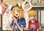  1boy 1girl :d alternate_costume animal_ears arm_at_side bangs bespectacled between_breasts black-framed_eyewear blonde_hair blue_eyes blue_jacket breasts brother_and_sister cake cake_slice casual character_print closed_eyes collarbone commentary_request fake_animal_ears food fruit glasses hair_ornament hairclip hand_up hands_clasped hands_up hatsune_miku heart highres index_finger_raised inuyabu_cc jacket kagamine_len kagamine_rin looking_at_viewer open_mouth own_hands_together puffy_short_sleeves puffy_sleeves rabbit_ears red_shirt ribbon shirt short_hair short_sleeves siblings smile sparkle strawberry sweatdrop swept_bangs t-shirt twins upper_body vocaloid white_shirt 