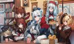  6+girls :d :q absinthe_(arknights) absurdres alternate_costume animal_ears arknights bear_ears blonde_hair blue_eyes blue_hair blue_headwear blue_neckwear bookshelf bottle braid bread breasts brown_hair brown_jacket closed_eyes commentary cup diagonal_stripes food fruit frying_pan grey_hair gummy_(arknights) hair_ornament hairband hat heterochromia highres holding holding_bottle holding_frying_pan holding_plate iku!_iku!! indoors istina_(arknights) jacket leta_(arknights) long_sleeves looking_at_another medium_breasts monocle mug multicolored_hair multiple_girls neckerchief necktie open_mouth pancake peaked_cap picture_frame plate red_eyes red_hairband red_neckwear redhead rosa_(arknights) smile strawberry streaked_hair striped tongue tongue_out twin_braids upper_body white_hair x_hair_ornament zima_(arknights) 