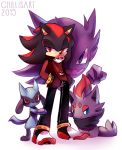  1boy alternate_costume animal_ears artist_name black_hair black_pants blue_eyes bracelet chewing_gum closed_mouth commentary crossover dated english_commentary floating full_body furry gen_1_pokemon gen_4_pokemon gen_5_pokemon ghost half-closed_eyes hands_in_pockets happy haunter jewelry long_sleeves looking_at_viewer male_focus multicolored_footwear multicolored_hair pants poke_ball_theme pokemon pokemon_(creature) red_eyes red_shirt red_vest redhead riolu shadow_the_hedgehog sharp_teeth shirt shoes simple_background sitting smile sonic_the_hedgehog spacecolonie spiked_bracelet spikes standing teeth two-tone_hair vest violet_eyes watermark white_background zorua 