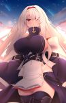  1girl anchor_symbol azur_lane black_legwear blue_coat blue_dress blush breasts camilitrox_cr clouds cloudy_sky coat colorado_(azur_lane) commentary commission covered_navel cowboy_shot dawn dress english_commentary hair_between_eyes hairband highres large_breasts long_hair looking_at_viewer off_shoulder outdoors parted_lips red_eyes shooting_star short_dress sideboob silver_hair sky sleeveless sleeveless_dress solo star_(sky) starry_sky thigh-highs thighs two-tone_dress white_dress 