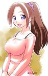 :d bra_strap breasts brown_hair copyright_request ebifly from_side hair_ornament hair_scrunchie large_breasts long_sleeves looking_at_viewer mole mole_under_eye open_mouth pink_sweater ponytail scrunchie smile spaghetti_strap sweater twitter_username upper_body violet_eyes 