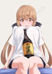  1girl black_bow blush bottle bow breasts brown_eyes brown_hair eyebrows_visible_through_hair feet_out_of_frame grey_background hair_between_eyes hair_bow hair_ornament hairclip highres kantai_collection komb large_breasts long_hair low_twintails open_mouth sake_bottle shirt short_sleeves simple_background solo tashkent_(kantai_collection) twintails white_shirt 