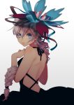  1girl aqua_eyes back backless_dress backless_outfit bare_arms bare_shoulders black_dress braid bright_pupils closed_mouth dress earrings gradient gradient_background hair_between_eyes hair_ornament highres jewelry long_hair looking_at_viewer looking_back matsuda_toki original pink_hair serious single_braid solo symbol_commentary upper_body very_long_hair 