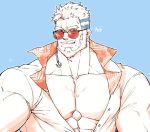  1boy aegir_(tokyo_houkago_summoners) bara beard blue_eyes chest earrings facial_hair highres jewelry looking_at_viewer male_focus manly muscle open_clothes open_shirt p2yong pectorals smile solo tokyo_houkago_summoners white_hair 