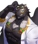  1boy animal_ears asutarou bara chest eyewear_on_head facial_hair furry green_eyes jaguar_boy jaguar_ears male_focus muscle nipples pectorals short_hair solo tezcatlipoca_(tokyo_houkago_summoners) thick_eyebrows tokyo_houkago_summoners upper_body wings 