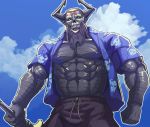  1boy abs alternate_costume armor bara chest clouds cloudy_sky fate/grand_order fate_(series) glowing glowing_eyes horns king_hassan_(fate/grand_order) lander_(randa) male_focus male_swimwear muscle nipples open_clothes open_shirt outdoors skull skull_mask sky solo summer swim_trunks swimwear 