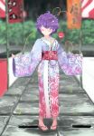  ;) blush curly_hair eyeball floral_print frilled_kimono frills geta hair_ornament heart heart_hair_ornament highres japanese_clothes kimono komeiji_satori looking_at_viewer one_eye_closed outdoors print_kimono purple_hair rose_print short_hair smile sunyup third_eye touhou violet_eyes yukata 