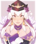  1girl absurdres bow fire_emblem fire_emblem:_three_houses fire_emblem_heroes gloves hair_ornament hat highres lazeuli long_hair lysithea_von_ordelia open_mouth pink_eyes simple_background solo upper_body white_gloves white_hair 