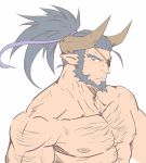  1boy bara beard body_hair censored chest covered_abs dark_blue_hair denim draph facial_hair garouza_(granblue_fantasy) granblue_fantasy highres horns kagemaru_(bara) male_focus manly mosaic_censoring muscle nipples pectorals solo 