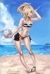  1girl ass_visible_through_thighs ball beach beachball bikini blonde_hair breasts celica_(xenoblade_x) clouds damagefloor day facial_mark feet full_body hair_over_one_eye horizon medium_breasts navel outdoors pointy_ears sandals side-tie_bikini sky smile solo standing striped striped_bikini swimsuit white_bikini xenoblade_(series) xenoblade_x 