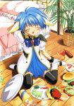  bed blue_hair blush broccoli closed_eyes food french_fries galaxy_angel hamburger ketchup mint_blancmanche open_mouth plate thighhighs 