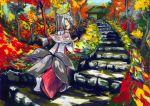  autumn autumn_leaves fox_ears green_eyes grey_hair japanese_clothes looking_back luft multiple_tails original outstretched_arms short_hair solo spread_arms stairs tail tree walking 