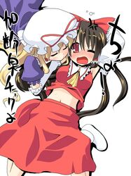  black_hair blonde_hair blush elbow_gloves gloves hakurei_reimu hat hujikok japanese_clothes long_hair midriff miko multiple_girls red_eyes ribbon ribbons touhou translated yakumo_yukari 