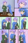  2girls blue_eyes comic hiiragi_kagami hug izumi_konata kagamin_bocchi long_hair lucky_star mountain_pukuichi sad translated 