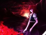  1girl dark flower gracehoo onozuka_komachi redhead solo spider_lily sunset touhou water 