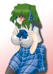  alice_margatroid alice_margatroid_(cosplay) alice_margatroid_(pc-98) blush breasts chyaramu cosplay green_hair hands_on_own_chest impossible_clothes impossible_shirt kazami_yuuka large_breasts pantyhose plaid plaid_skirt red_eyes shirt skirt solo touhou touhou_(pc-98) twintails 