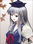  3 bust hat kamishirasawa_keine leaf lips maple_leaf multicolored_hair red_eyes silver_hair smile sun-3 touhou two-tone_hair 