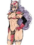  1girl curly_hair dragon_quest dragon_quest_iii gloves green_eyes hand_on_hip helmet navel poin_(hidsuki) purple_hair simple_background small_breasts smile soldier_(dq3) solo thighs toned white_background 
