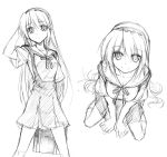  from_above hairband himura_kiseki kneeling long_hair monochrome sakagami_tomoyo school_uniform sketch 