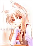  brown_hair chin_rest g-ist holo long_hair red_eyes smile spice_and_wolf wolf_ears 