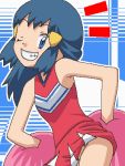  alternate_costume awa blue_eyes blue_hair cheerleader grin hikari_(pokemon) lowres no_panties oekaki pokemon pokemon_(anime) pom_poms smile solo wink 